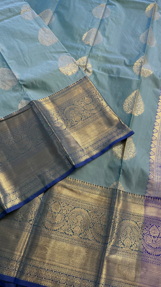 PASTEL MINT WITH CONTRAST BLUE SILK KANICHIPURAM SILK SAREE (SSKS54)