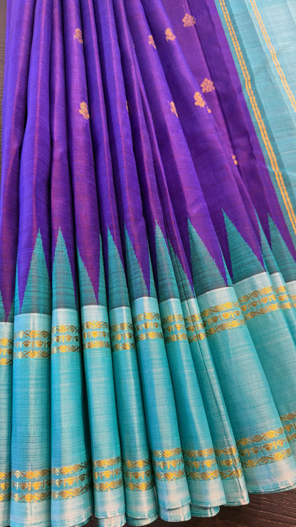 PURPLE WITH CONTRAST AQUA BLUE PURE HANDLOOM KANCHIPURAM SINGLE SIDE BORDER SILK SAREE (KSSB28)