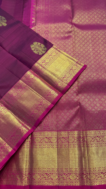 WINE PURPLE WITH CONTRAST PINK GOLD ZARI HANDLOOM KANCHIPURAM SILK SAREE (KSS381)