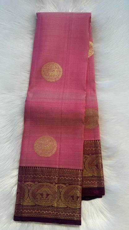 LIGHT PASTEL PINK WITH CONTRAST VADAMALLI PURPLE KANCHIPURAM HANDLOOM SILK SAREE (KSS372)