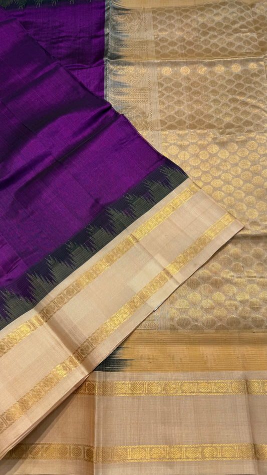 VADAMALLI PURPLE WITH CREAM TRADITIONAL RETTAI PETTA BORDER HANDLOOM KANCHIPURAM SILK COTTON (KSC47)