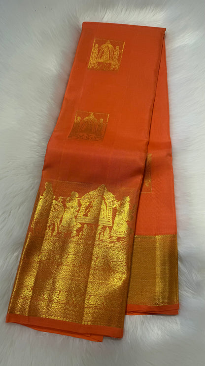 PEACH ORANGE PURE KANCHIPURAM HANDLOOM SILK SAREE SILK(KSS581)