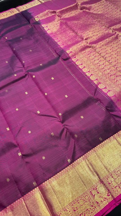 WINE PURPLE WITH CONTRAST PINK GOLD ZARI HANDLOOM KANCHIPURAM SILK SAREE (KSS375)
