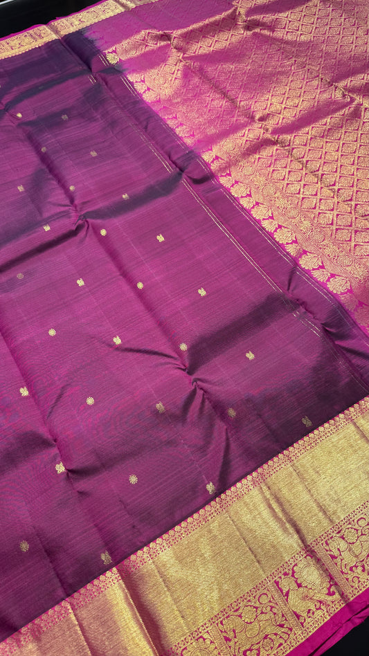 WINE PURPLE WITH CONTRAST PINK GOLD ZARI HANDLOOM KANCHIPURAM SILK SAREE (KSS375)