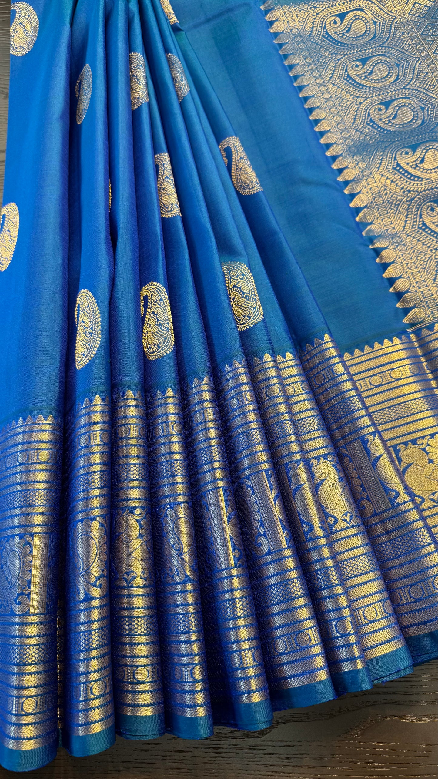 PEACOCK BLUE GOLD ZARI HANDLOOM KANCHIPURAM SILK SAREE (KSS303)