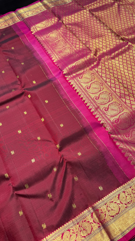 MAROON WITH CONTRAST PINK GOLD ZARI HANDLOOM KANICHIPURAM SILK SAREE (KSS345)