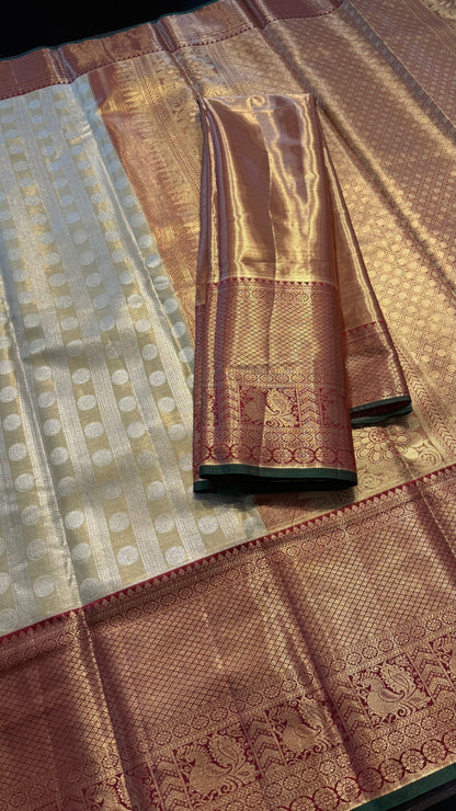 CHAMPAGNE WITH CONTRAST RED SEMI SILK KANCHIPURAM SILK SAREE (SSKS63)