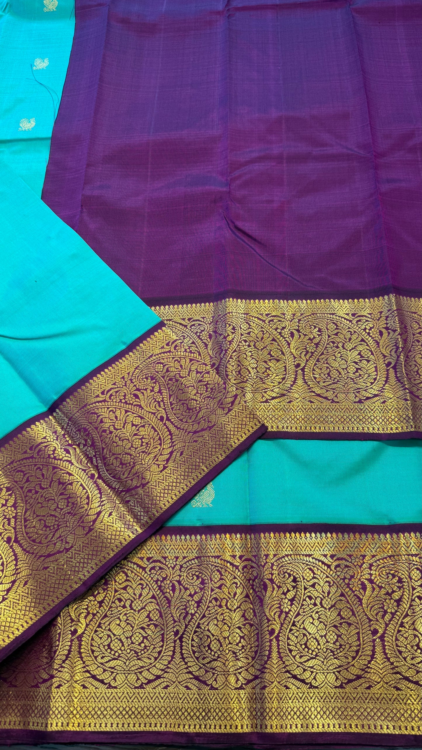 BRIGHT TEAL WITH CONTRAST PURPLE GOLD ZARI HANDLOOM KANCHIPURAM SILK SAREE (KSS478)