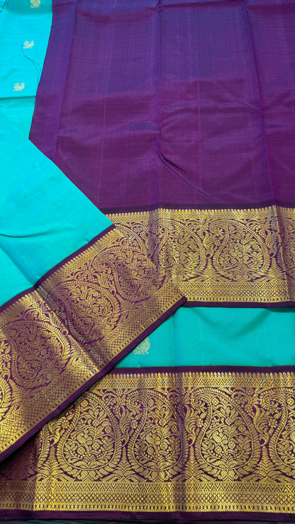 BRIGHT TEAL WITH CONTRAST PURPLE GOLD ZARI HANDLOOM KANCHIPURAM SILK SAREE (KSS478)
