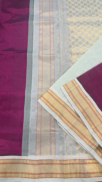 CHECKED PURPLE WITH CONTRAST CREAM KANCHIPURAM SILK COTTON (KSC77)