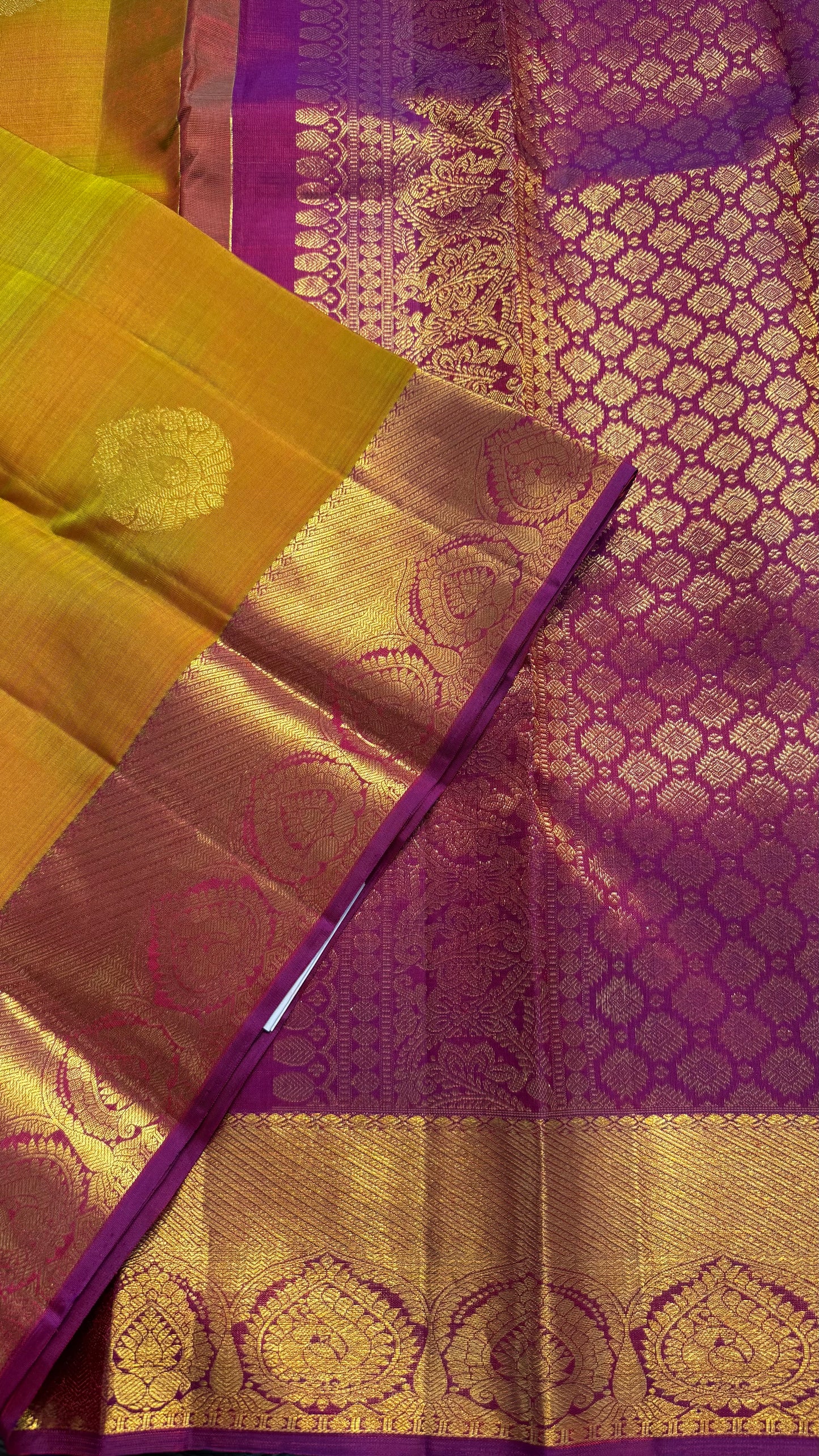 DUAL TONE OLIVE YELLOW WITH CONTRAST PURPLE KANCHIPURAM HANDLOOM SILK SAREE (KSS426)