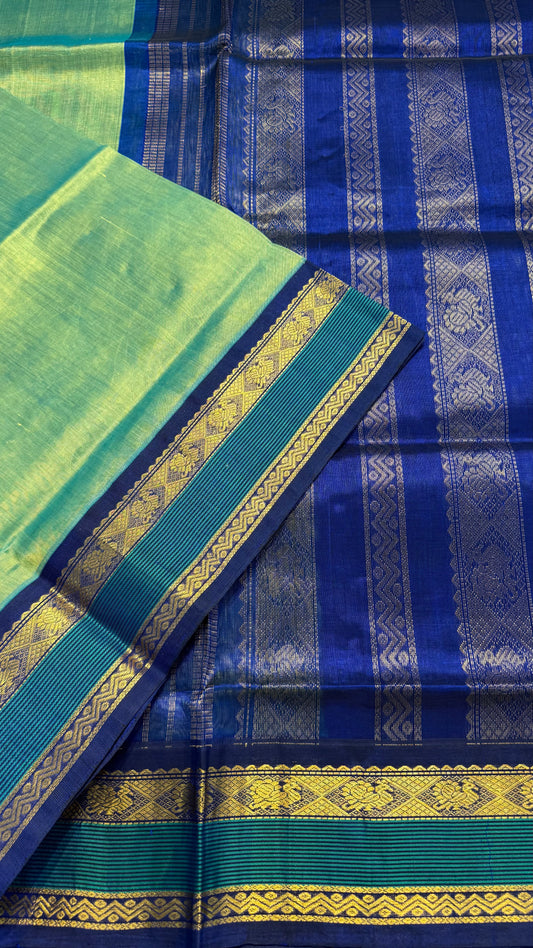 PARROT GREEN WITH DUAL TONE BLUE HANDLOOM KANCHIPURAM SILK COTTON (KSC13)