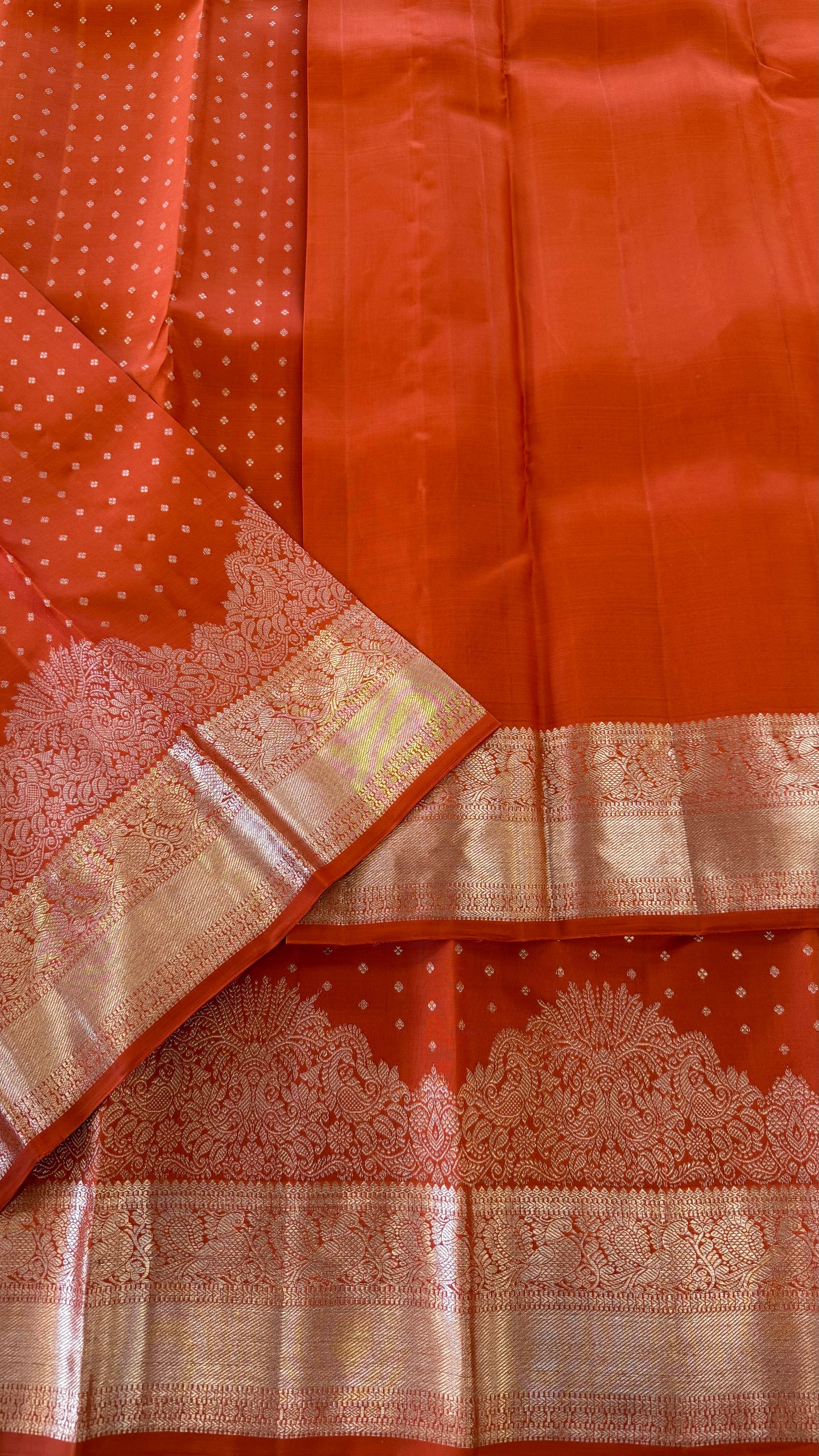 RUST ORANGE SELF CHAMPAGNE GOLD ZARI HANDLOOM KANCHIPURAM SILK SAREE (KSS91)