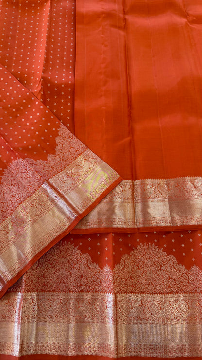 RUST ORANGE SELF CHAMPAGNE GOLD ZARI HANDLOOM KANCHIPURAM SILK SAREE (KSS91)