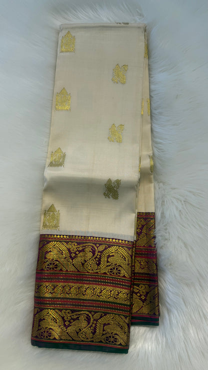 CREAM WITH CONTRAST PURPLE GOLD ZARI HANDLOOM KANCHIPURAM SILK SAREE (KSS462)