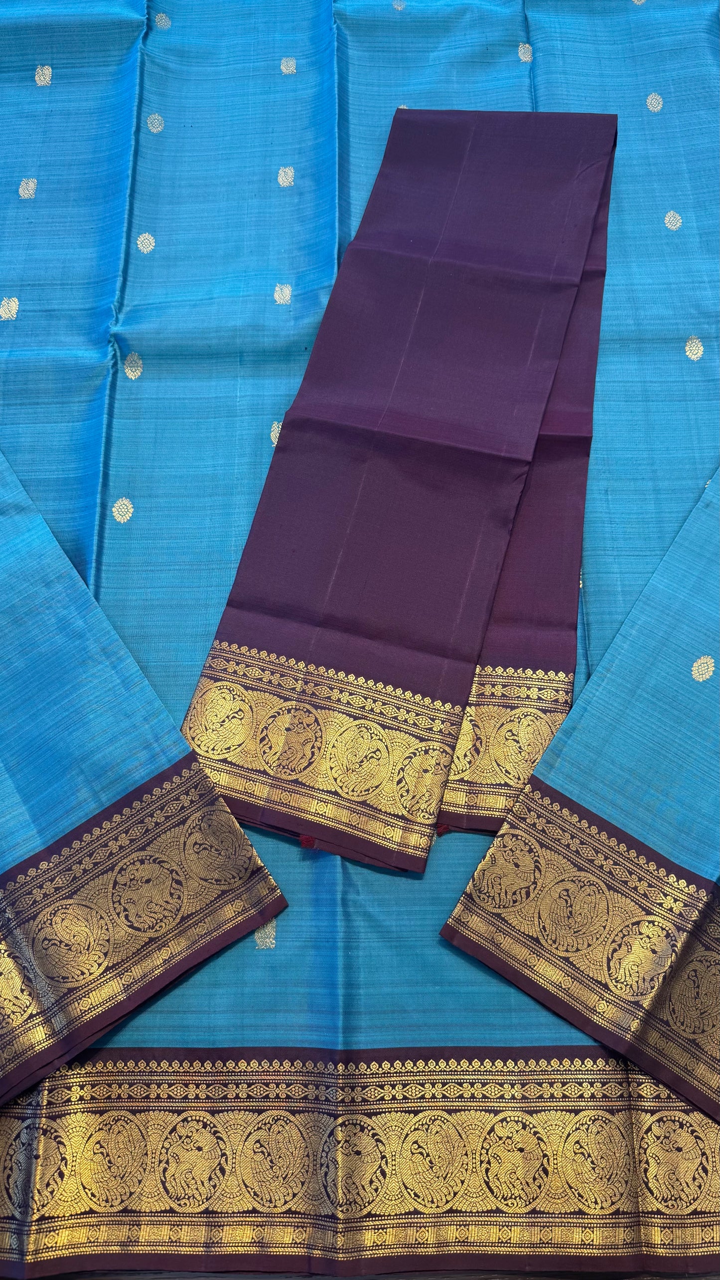 BLUE GREY WITH CONTRAST PURPLE BROWN GOLD ZARI HANDLOOM KANICHIPURAM SILK SAREE (KSS203)