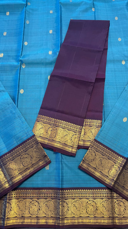 BLUE GREY WITH CONTRAST PURPLE BROWN GOLD ZARI HANDLOOM KANICHIPURAM SILK SAREE (KSS203)