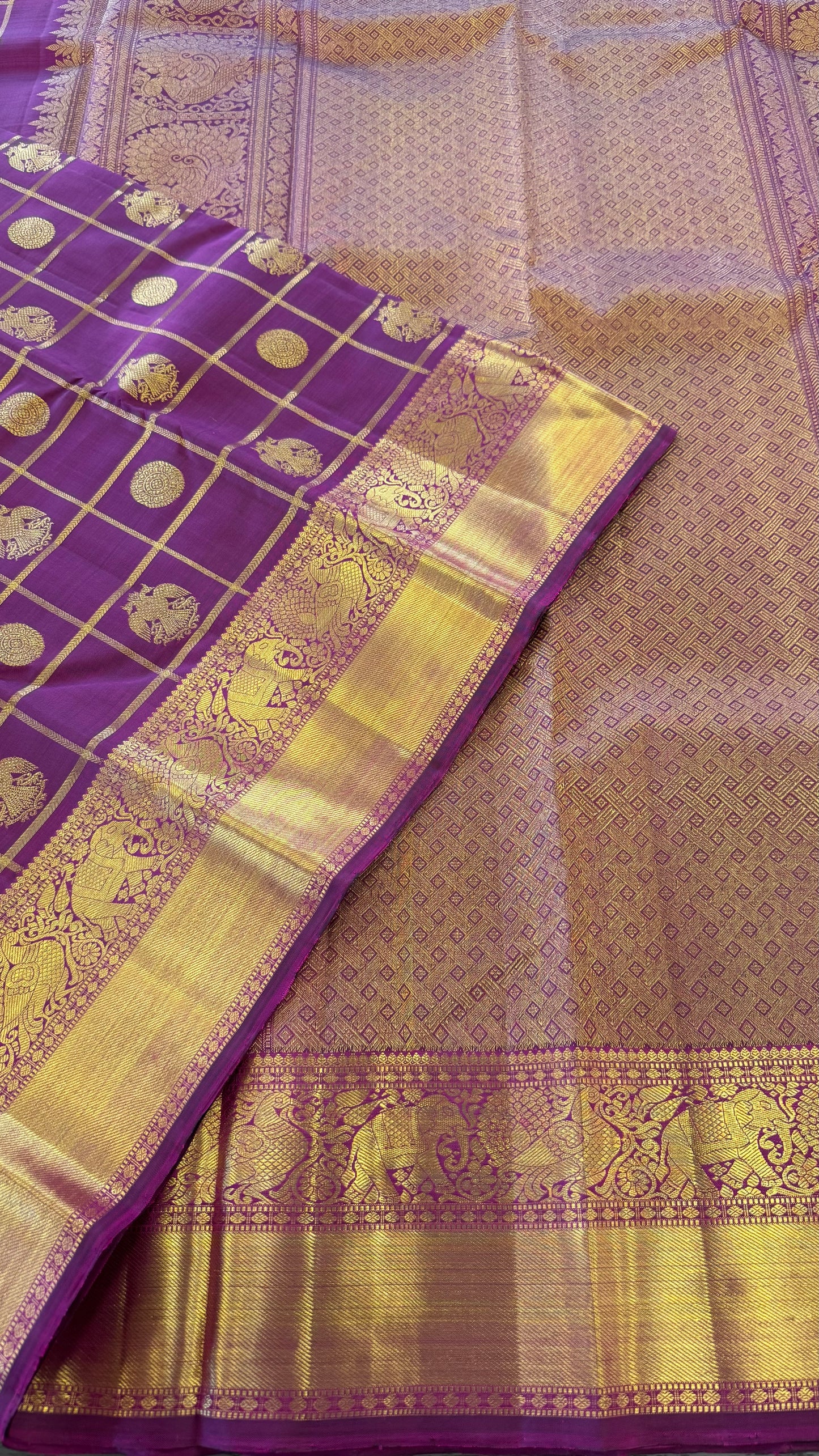 VADAMALLI PURPLE CHECKED GOLD ZARI HANDLOOM KANICHIPURAM SILK SAREE (KSS200)