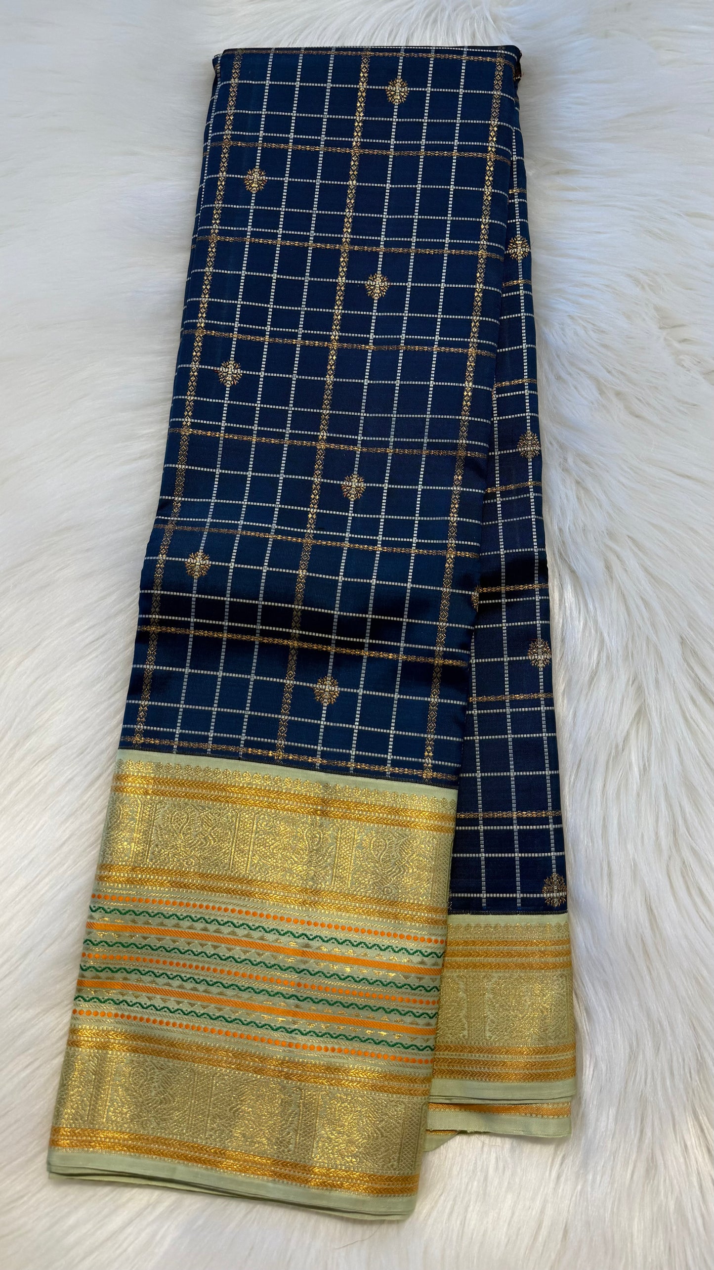 DARK ANTIQUE BLUE CHECKED WITH CONTRAST SAGE GREEN GOLD ZARI HANDLOOM KANCHIPURAM SILK SAREE (KSS284)