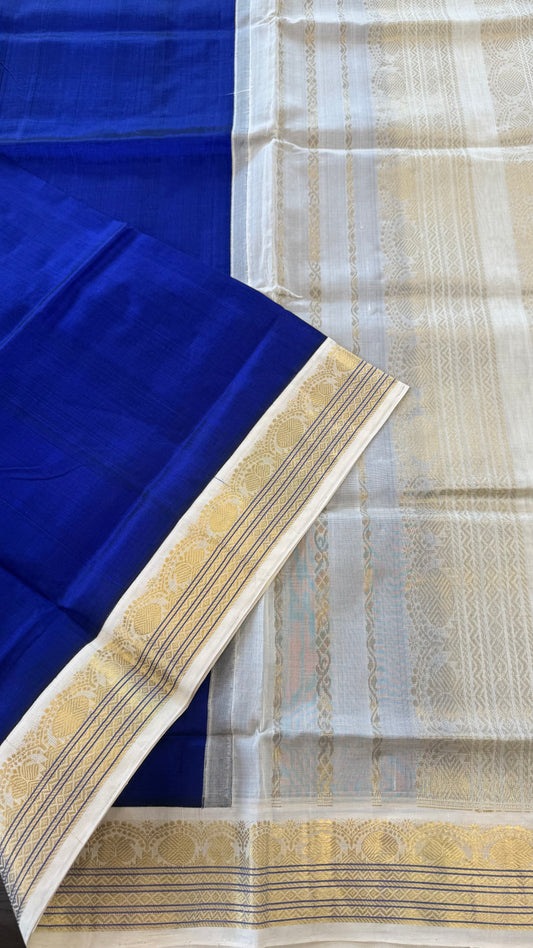 ROYAL BLUE WITH CREAM WHITE HANDLOOM KANCHIPURAM SILK COTTON (KSC27)