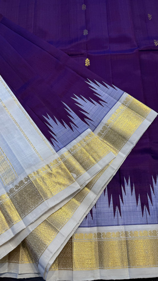 VIOLET WITH CONTRAST OFF WHITE PURE HANDLOOM KANCHIPURAM SINGLE SIDE BORDER SILK SAREE (KSSB29)