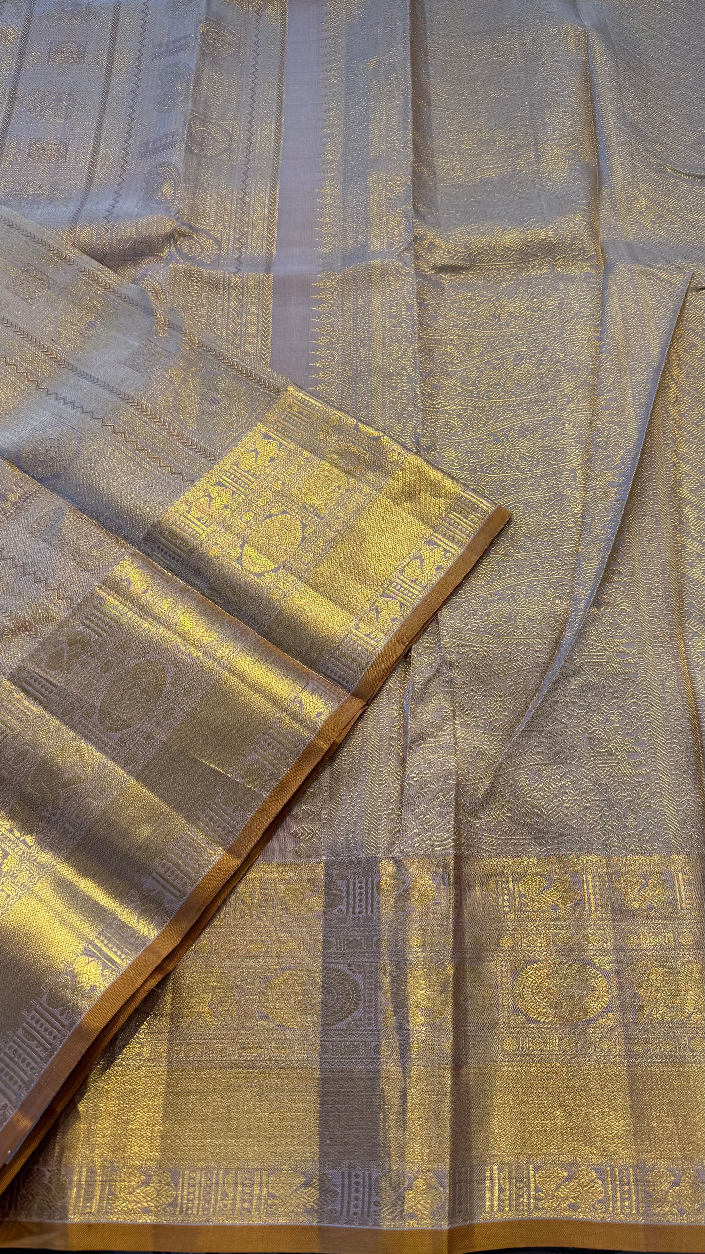 GOLDEN CASHEW FULL ZARI HANDLOOM KANCHIPURAM SILK SAREE (KSS 487)
