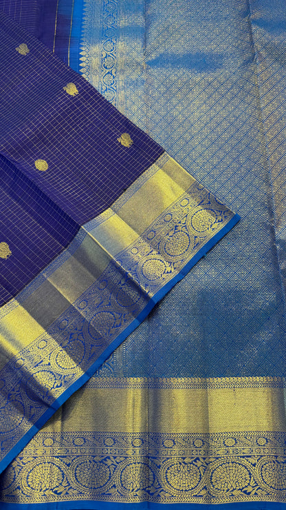 CHECKED NAVY BLUE WITH CONTRAST ROYAL BLUE GOLD ZARI HANDLOOM KANCHIPURAM SILK SAREE (KSS425)
