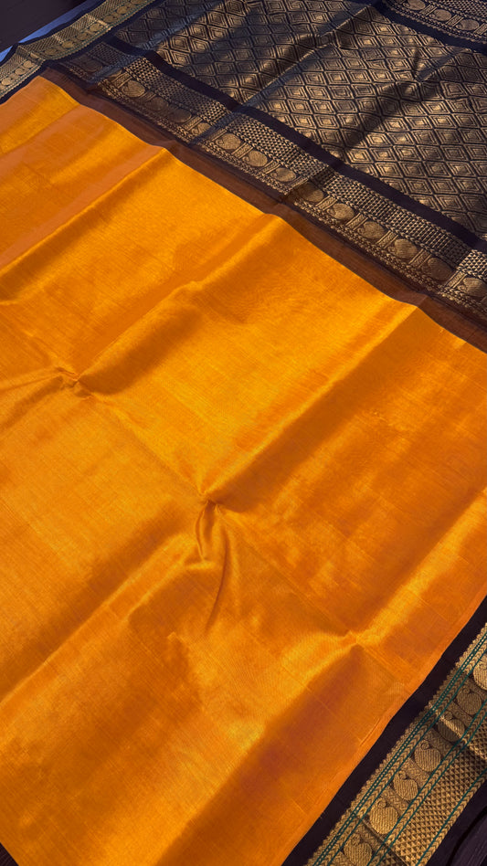 MUSTARD YELLOW WITH BLACK HANDLOOM KANCHIPURAM SILK COTTON (KSC95)