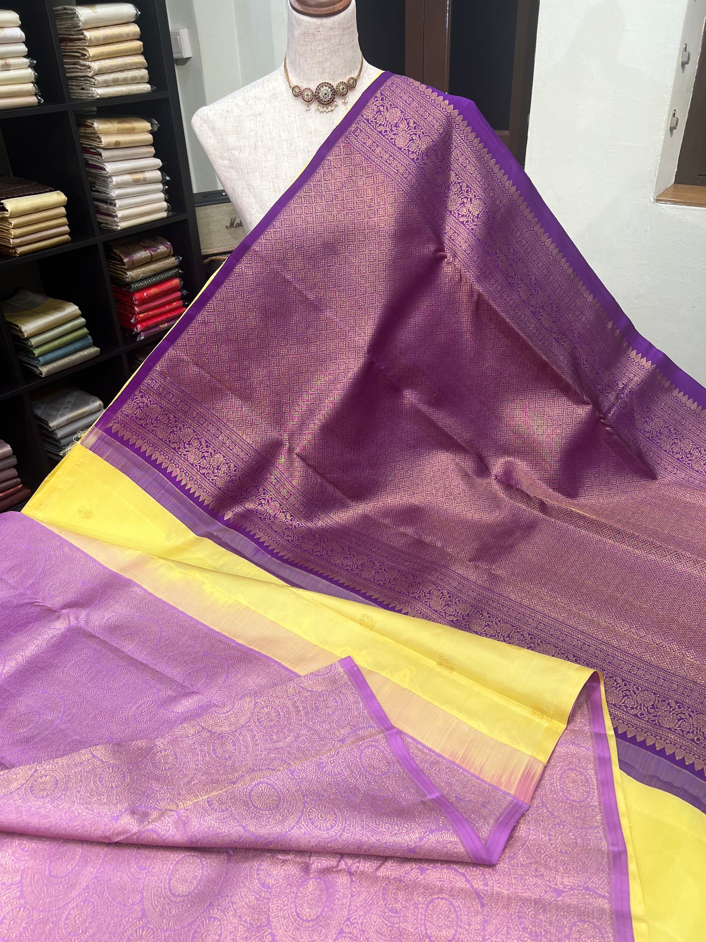 PASTEL YELLOW HALF & HALF KANCHIPURAM HANDLOOM SILK SAREE