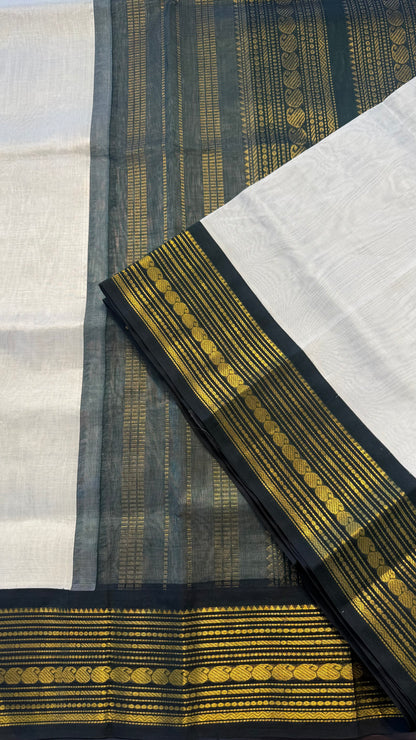 OFF WHITE WITH CONTRAST GREEN KANCHIPURAM SILK COTTON (KSC35)