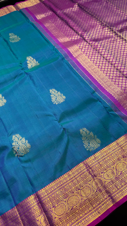 PEACOCK BLUE CONTRAST PURPLE GOLD ZARI HANDLOOM KANCHIPURAM SILK SAREE (KSS385)
