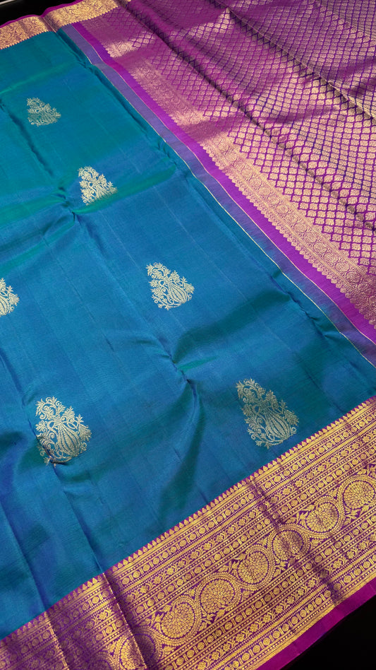 PEACOCK BLUE CONTRAST PURPLE GOLD ZARI HANDLOOM KANCHIPURAM SILK SAREE (KSS385)