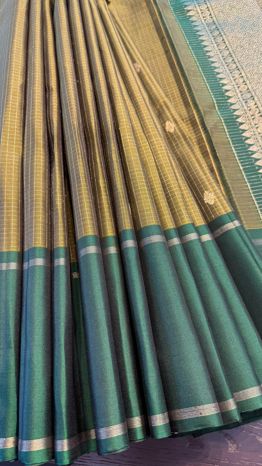 OLIVE GREEN WITH CONTRAST GREEN HANDLOOM KANCHIPURAM SILK SAREE (KSS449)