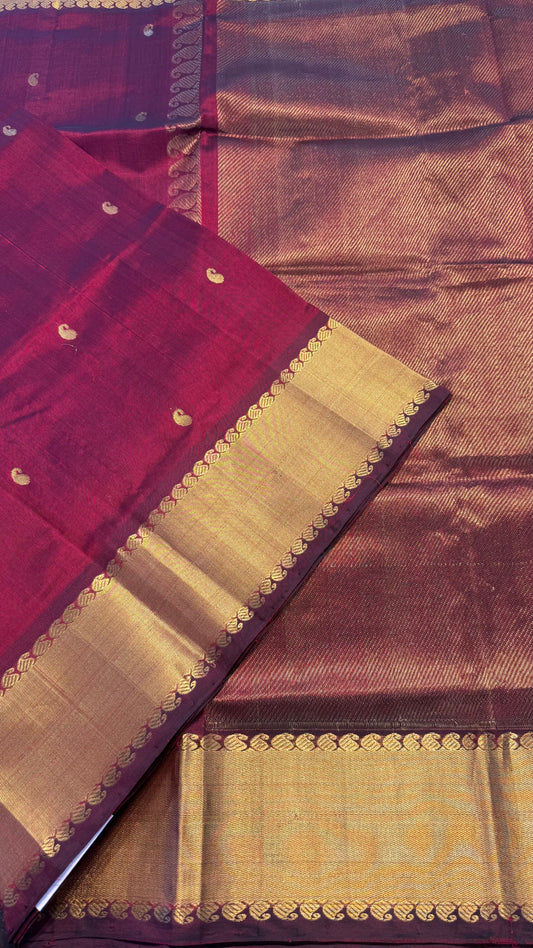 MAROON GOLD BORDER HANDLOOM KANCHIPURAM SILK COTTON (KSC72)