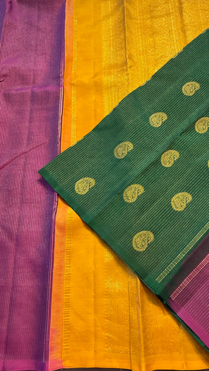 YELLOW, MAGENTA AND GREEN PARTLY KANCHIPURAM HANDLOOM SILK SAREE (KSS446)