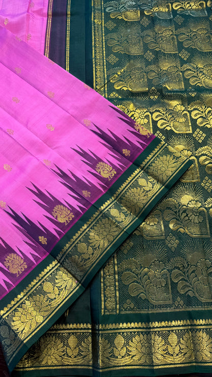 PINK WITH CONTRAST GREEN PURE HANDLOOM KANCHIPURAM SINGLE SIDE BORDER SILK SAREE (KSSB36)