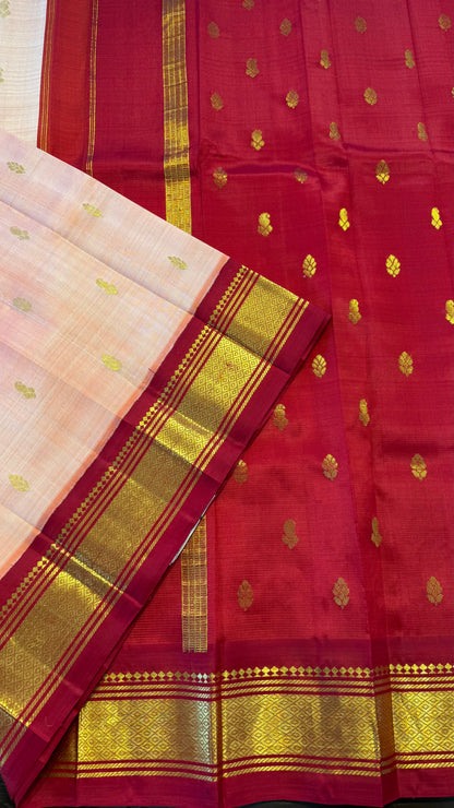 CANDY PINK WITH CONTRAST DEEP RED PURE HANDLOOM KANCHIPURAM SINGLE SIDE BORDER SILK SAREE (KSSB18)