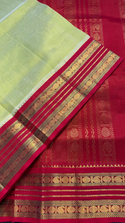 LIGHT LEMON YELLOW WITH CONTRAST RED KANCHIPURAM SILK COTTON (KSC20)