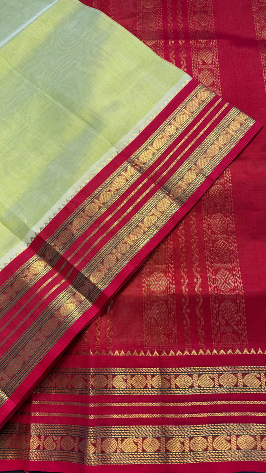 LIGHT LEMON YELLOW WITH CONTRAST RED KANCHIPURAM SILK COTTON (KSC20)