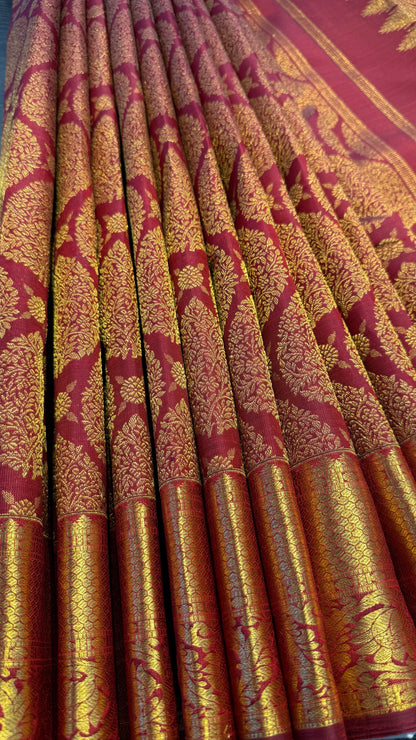 MAROON GOLD FULL ZARI HANDLOOM KANICHIPURAM SILK SAREE (KSS198)I