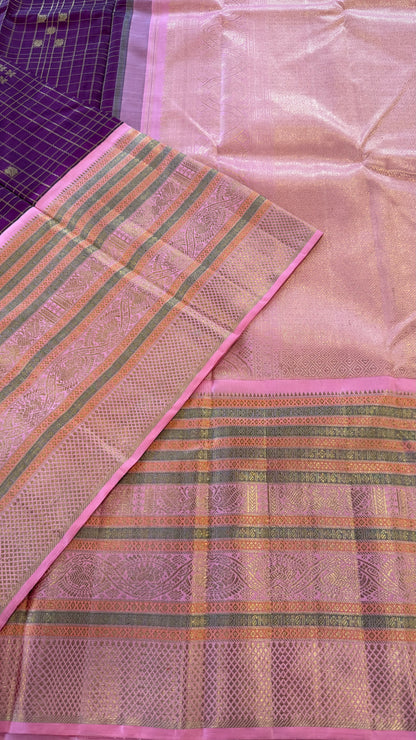 PLUM PURPLE CHECKED WITH CONTRAST PINK GOLD ZARI HANDLOOM KANICHIPURAM SILK SAREE (KSS282)