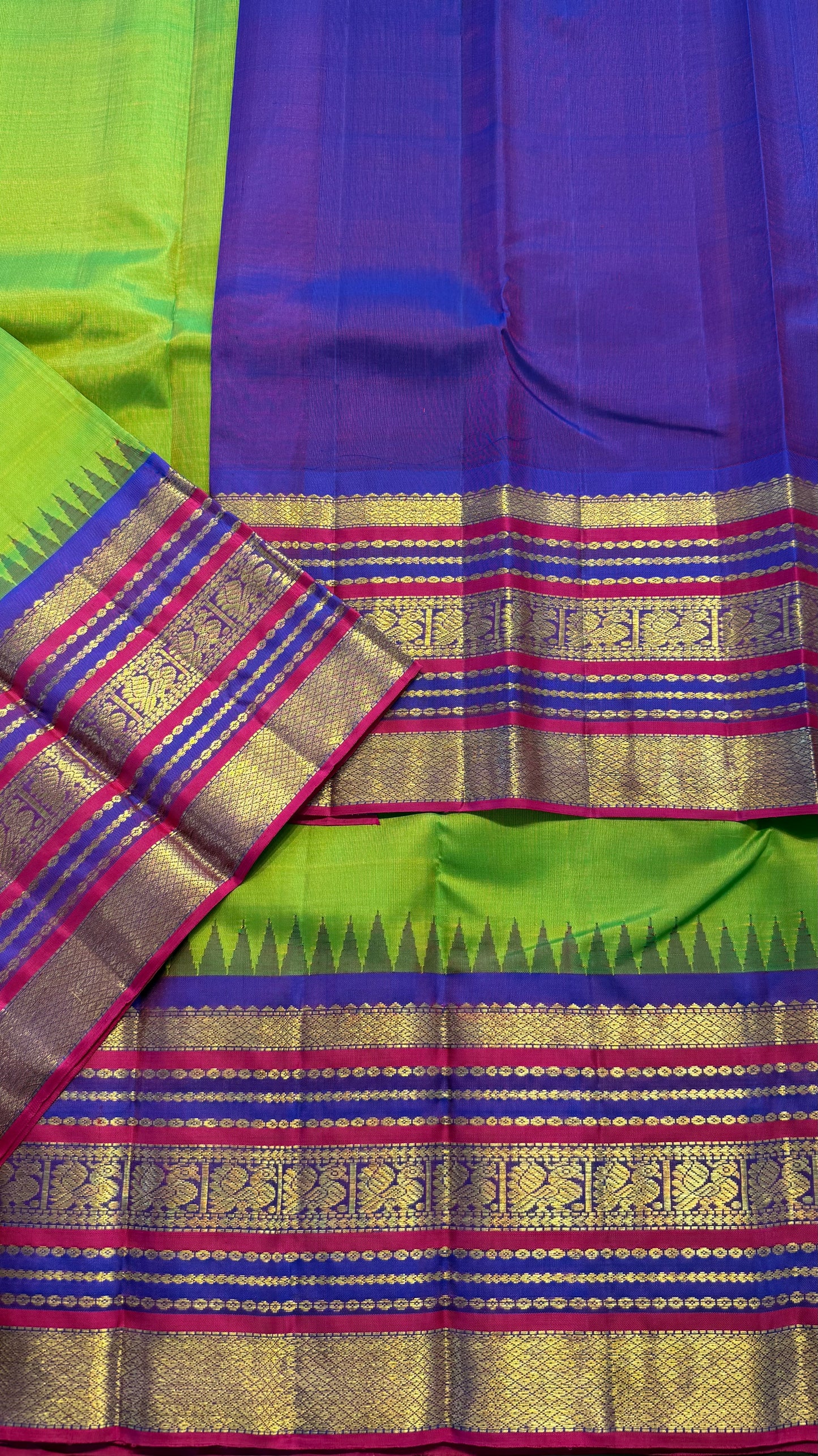 LIME GREEN WITH CONTRAST VADAMALLI PURPLE GOLD ZARI HANDLOOM KANCHIPURAM SILK SAREE (KSS300)