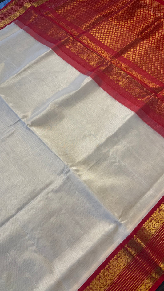 OFF WHITE WITH CONTRAST RED KANCHIPURAM SILK COTTON (KSC119)