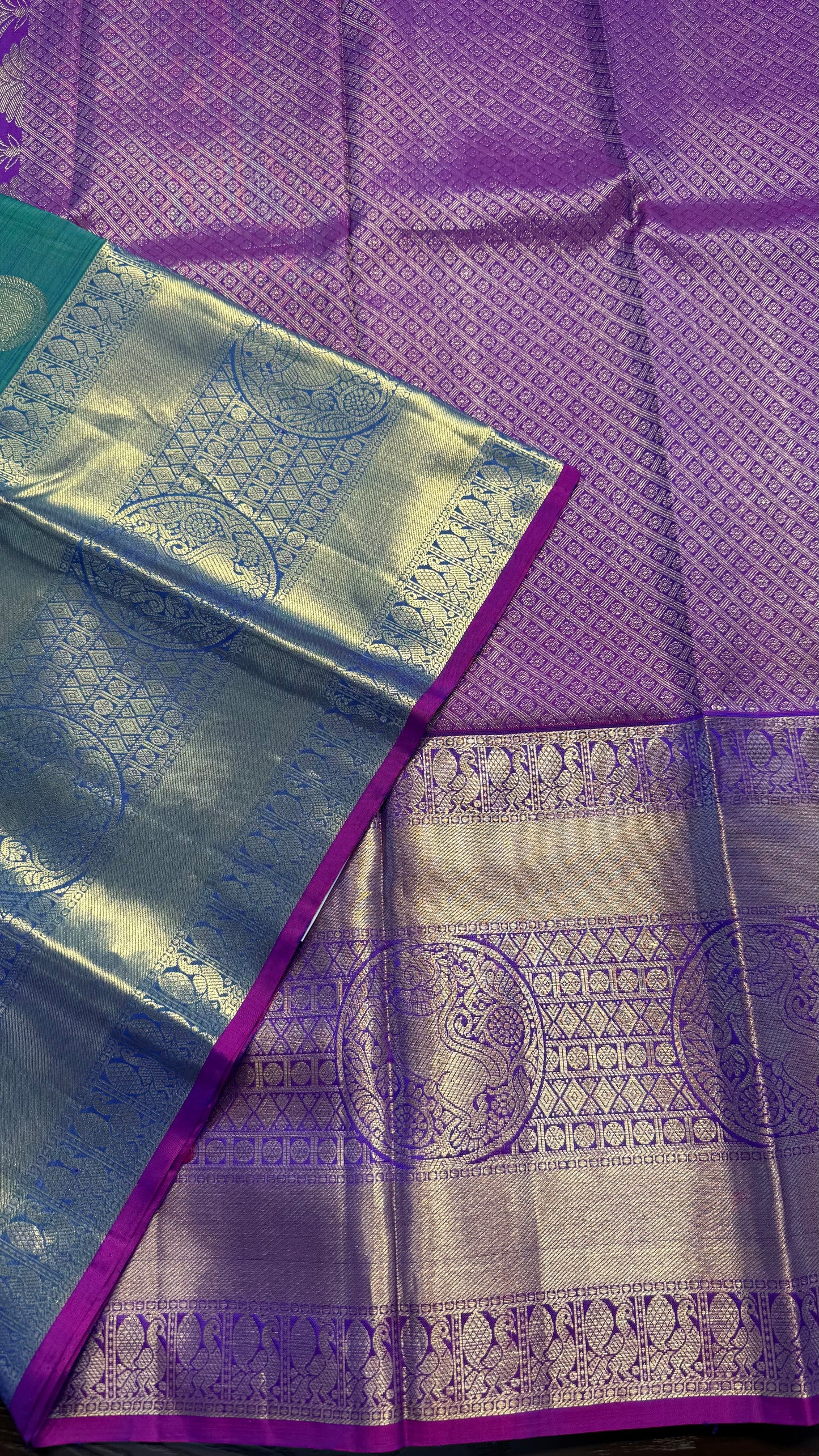 DUAL TONE PEACOCK BLUE & PURPLE HANDLOOM PURE KANICHIPURAM SILK SAREE (KSS414)