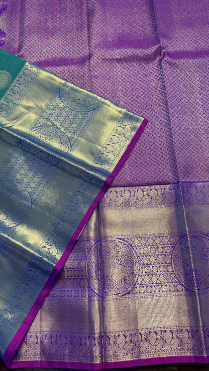 DUAL TONE PEACOCK BLUE & PURPLE HANDLOOM PURE KANICHIPURAM SILK SAREE (KSS414)