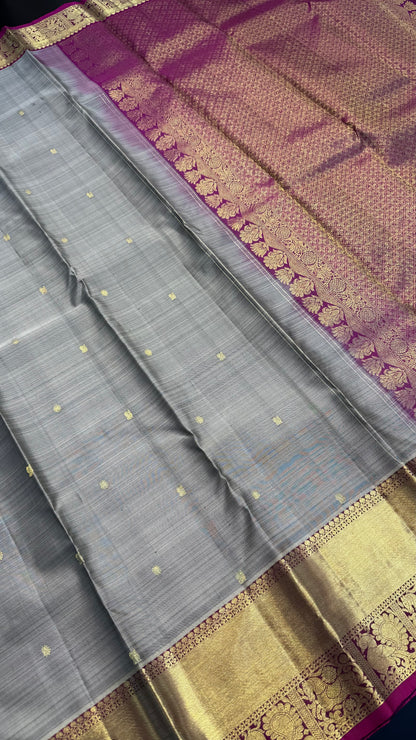 GREY WITH CONTRAST PINK GOLD ZARI HANDLOOM KANCHIPURAM SILK SAREE (KSS335)