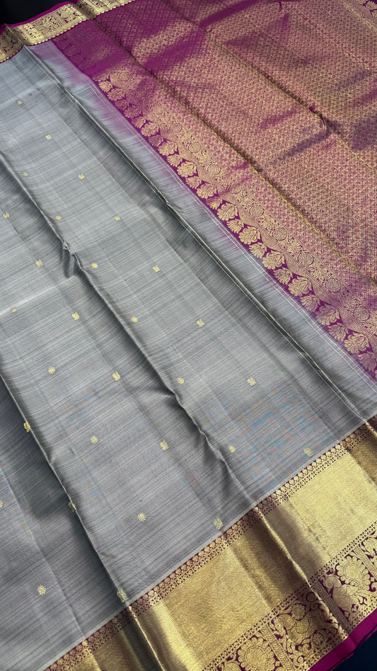 GREY WITH CONTRAST PINK GOLD ZARI HANDLOOM KANCHIPURAM SILK SAREE (KSS335)