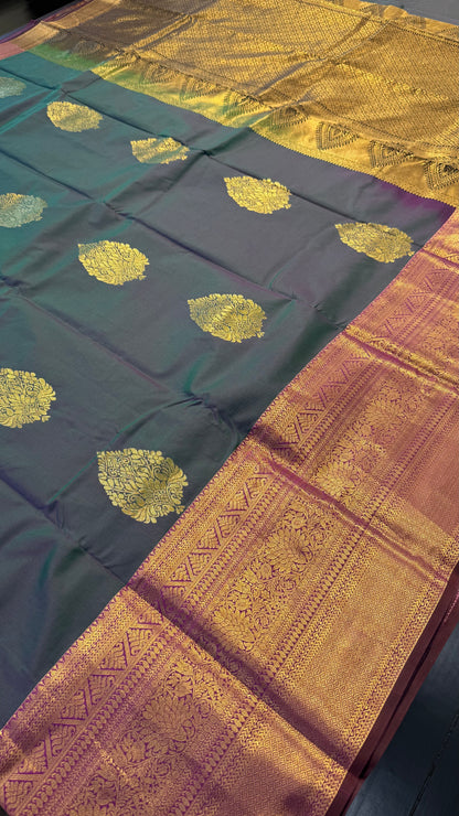 DUAL TONE GREEN WITH CONTRAST BLACK SILK KANICHIPURAM SILK SAREE (SSKS53)