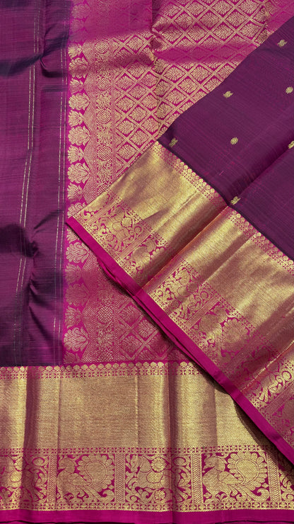 WINE PURPLE WITH CONTRAST PINK GOLD ZARI HANDLOOM KANCHIPURAM SILK SAREE (KSS375)