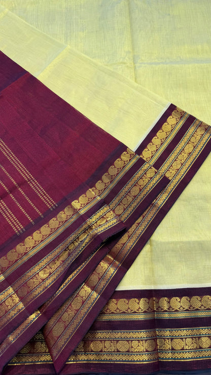 LIME YELLOW WITH MAROON HANDLOOM KANCHIPURAM SILK COTTON (KSC122)